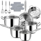 Stainless Steel Cookware Set - 20 PCS Pots and Pans Set with 3-Ply Stainless Steel Frying Pan, Professional Kitchen Cooking Set, Induction Compatible, Oven & Dishwasher Safe