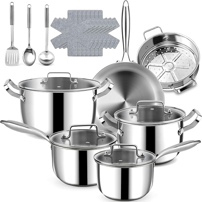 Stainless Steel Cookware Set - 20 PCS Pots and Pans Set with 3-Ply Stainless Steel Frying Pan, Professional Kitchen Cooking Set, Induction Compatible, Oven & Dishwasher Safe