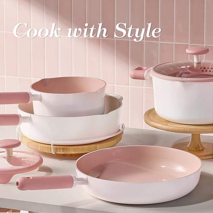 CAROTE Ceramic Cookware Set Nonstick, 15pcs Pots and Pans Set Non stick, Non Toxic Cookware,Dishwasher,RV/Camping Cookware Set, Pan and Pot with Kitchen Utensils, Pink