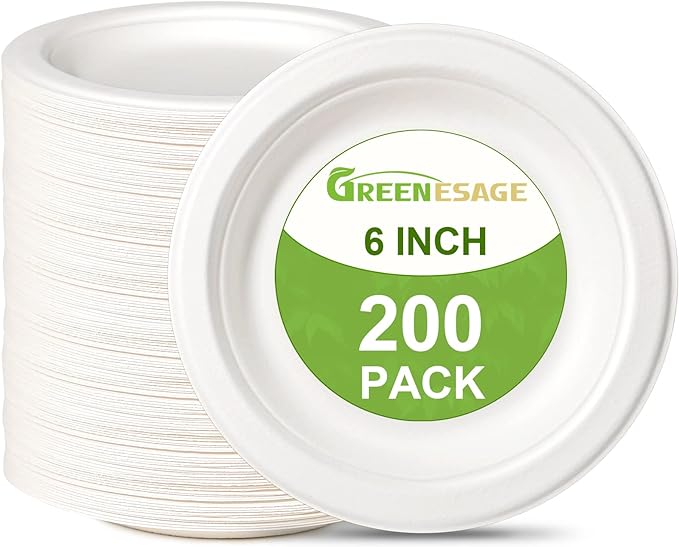Small Paper Plates 6 inch, 200 Pack Compostable Disposable Plates for Dessert, Cake, Appetizer