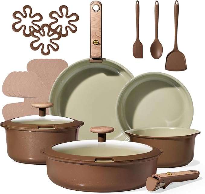 CAROTE Ceramic Cookware Set, Pots and Pans Set Non Stick with Detachable Handle, RV Kitchen Cooking Set, Induction & Oven Safe, PFAS and PFOA Free, Pistachio Green 19 Pcs