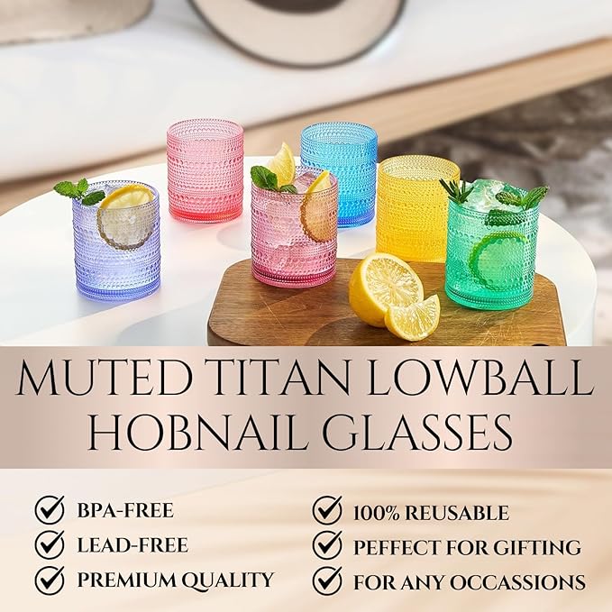 Khen Plastic Hobnail Drinking Glasses Set of 6 Bright Tones Cups 14oz, Shatterproof & Unbreakable Acrylic Beaded Design, BPA-Free, Dishwasher Safe Indoor/Outdoor Drinkware for Water, Juice, Cocktails