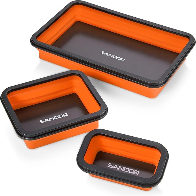 SANDOR Collapsible Magnetic Parts Tray Set - 3 Different Size Tool Trays for Screw, Bolts, Nuts, Washers, Pins and Other Small Metal Parts, Mechanic Tool Gifts for Men - Orange