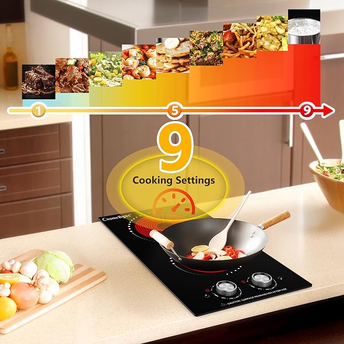 12 Inch Electric Cooktop, 2 Burner Electric Stove Top with 9 Power Levels, Knob Control, Auto shutdown and Residual Heat Warning, 2000W, Ideal for Countertop & Built-In Use (110-120V)