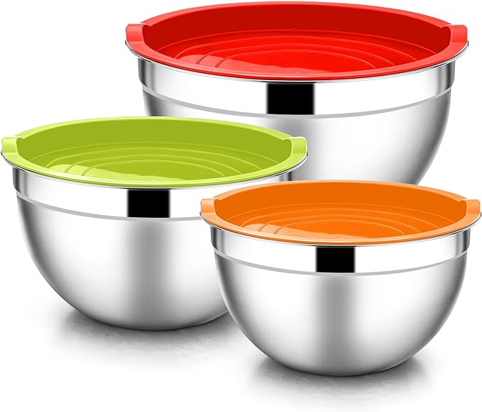 E-far Mixing Bowls with Lids, 6-Piece Stainless Steel Salad Bowls Metal Nesting Bowls for Baking Cooking and Prepping, Airtight Lids & Stackable Design, Size 4.5, 3, 1.5 QT (Colorful)