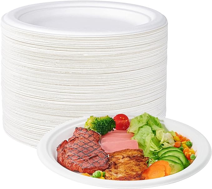 ECOLipak 100% Compostable 10 Inch Heavy Duty Paper Plates, 150 Pack Disposable Biodegradable Eco-friendly Sugarcane Bagasse Plates for Thanksgiving Party(White)