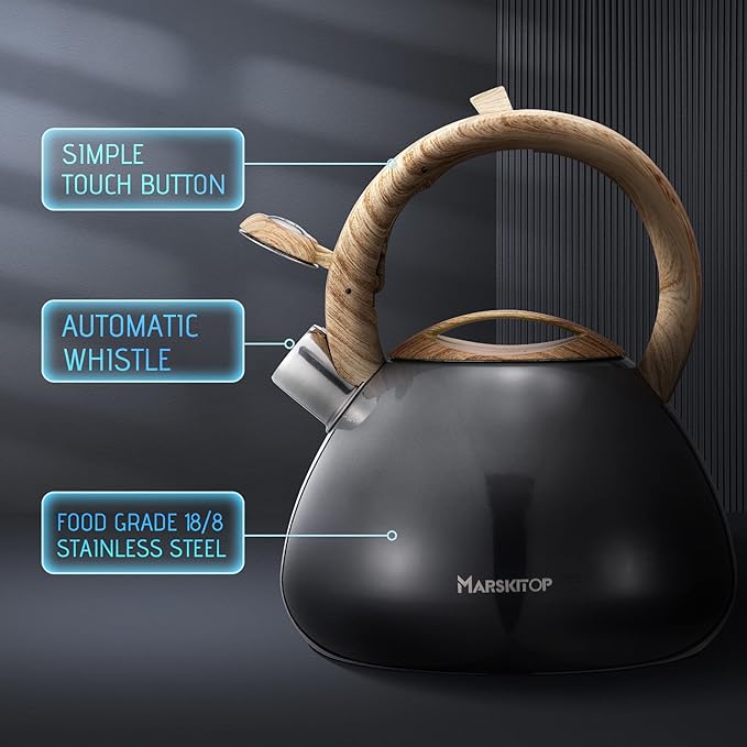 MARSKITOP Tea Kettle Stovetop Whistling Tea Pot for Stove, Food Grade Stainless Steel Teapot for Stovetop with Anti-Hot Handle, Suitable for All Heat Sources, 2.6 Quart, Gray