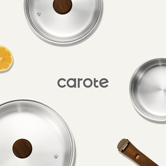 CAROTE Tri-Ply Stainless Steel Sauce Pan with Detachable Handle,1.5QT Sauce Pan & 3QT Saucepan with Lid, 5PCS Non-Toxic Induction Kitchen Stainless Steel Pot,Removable Handle,Oven Safe,Woodgrain