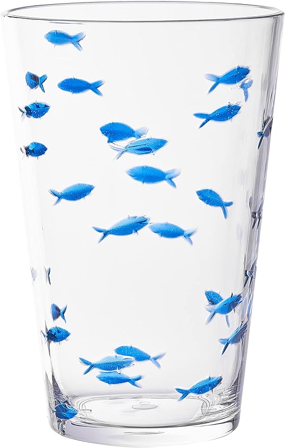 KLIFA- CHARLESTON- 19 oz, Set of 6, Acrylic Fishing Highball, School of Fish Drinking Glasses, BPA-Free, Stackable Plastic Drinkware, Dishwasher Safe Cups, Clear with Dark Blue Printing