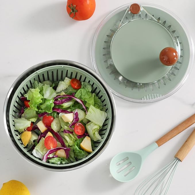 Stainless Steel Salad Spinner with Blades Slicer, Medium-sized Lettuce Veggie Fruit Spinner and Strainer, Multipurpose Vegetable Washer Dryer with Lid, Dishwasher Safe,slicing tools and shreds tools