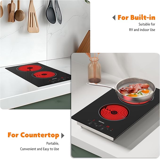 12" Ceramic Cooktop with 120V Plug, Electric Cooktop 1700W 2-Burner, Touch Control with Timer & Child Lock, Built-in or Countertop