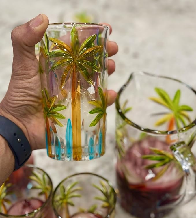 Tropical Summer Drinking Glasses 4 Tall Coconut Tree Design Pool Party Caribbean Beach Theme Colorful Tiki Bar Margarita Mix Drink Mojito Martini Pool Party Cup Palm Trees Engraved Whiskey Sour Glass