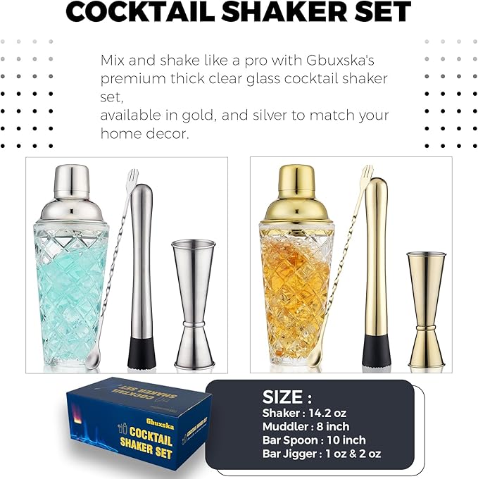 Cocktail Shaker Set, 14.2oz Glass Martini Shaker with Strainer - Includes Measuring Jigger, Mixing Spoon and Muddler - Perfect for Making Cocktails and Protein Shakes (Silver)