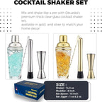 Gold Cocktail Shaker Set - Premium Glass Bartender Kit with Measuring Jigger, Mixing Spoon, and Muddler