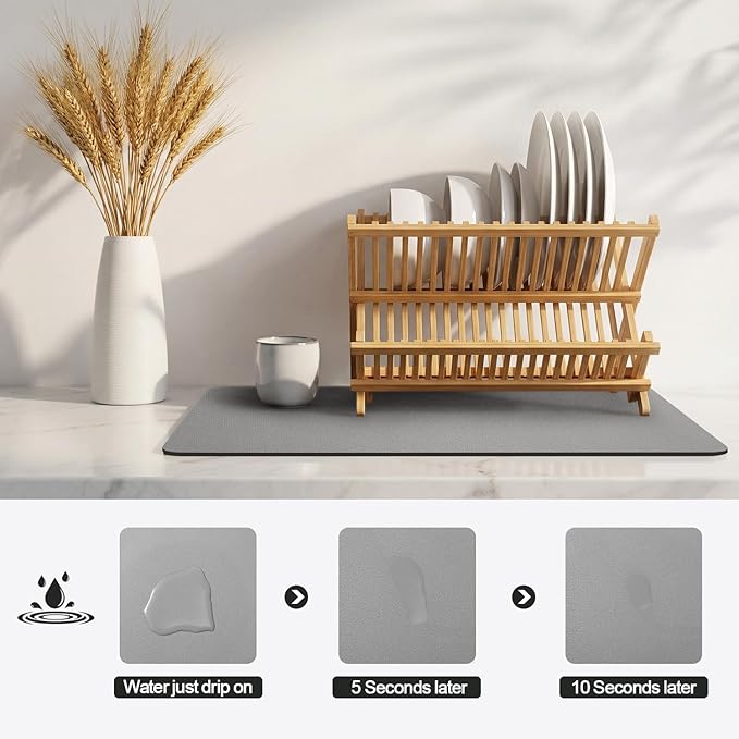 Ecotrim - Dish Drying Mat for Kitchen Counter | Coffee Bar Mat for Countertops | Heat Resistant Drainer Mat with Non-slip Rubber Backed | Hide Stain Kitchen Absorbent Draining Mat | Grey 16"x18"