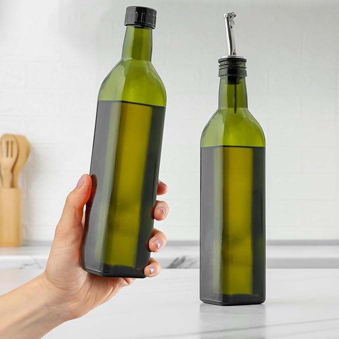 Zulay Kitchen 17oz Olive Oil Dispenser Bottle – Glass Oil Cruet with Spout, Funnel & Pourers, Easy-Pour Decanter for Kitchen Cooking and Serving (Green)