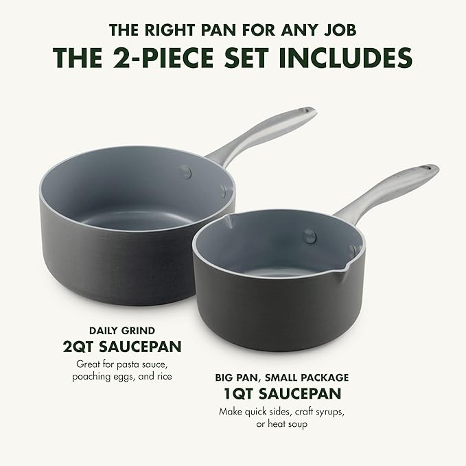 GreenPan Lima Hard Anodized Healthy Ceramic Nonstick 1QT and 2QT Saucepan Pot Set, PFAS-Free, Oven Safe, Gray