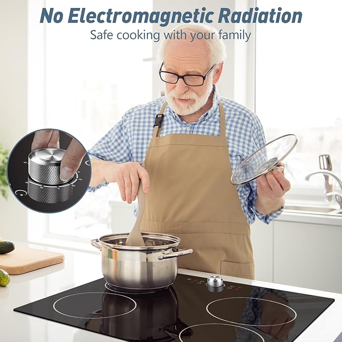 Noxton Electric Cooktop 24 Inch, Knob Control 4 Burners Electric Stovetop, Built-in Radiant Ceramic Stove, Residual Heat Indicator, Overheating protection, 6000W 220-240V Hard Wired (No Plug)