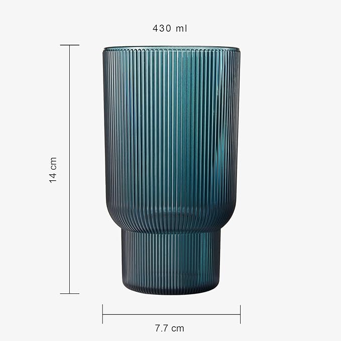 Khen Shatterproof Acrylic Tall Drinking Glasses Set, European Style, Dishwasher Safe, Ribbed | Set of 4 | Fluted Tritan Drinkware, Unbreakable BPA-free Plastic, Reusable Stackable Glassware 14.5oz