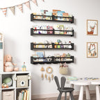 34Inch Nursery Bookshelves,Set of 4,Wall Floating Shelf Kids Coat Rack with 6Hooks,Hanging Book Shelf for Baby Nursery Room Décor ，Patent Number: 29958098(Black, 34)