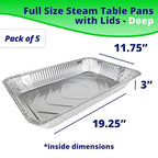 IDL Packaging Full Size Aluminum Steam Table Pans with Lids - Deep, 21" x 13" x 3" (pack of 5) - Disposable Foil Pan for Grilling, Roasting, BBQ, Cooking, Baking, Freezing