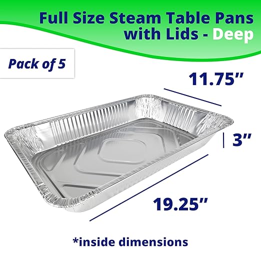 IDL Packaging Full Size Aluminum Steam Table Pans with Lids - Deep, 21" x 13" x 3" (pack of 5) - Disposable Foil Pan for Grilling, Roasting, BBQ, Cooking, Baking, Freezing