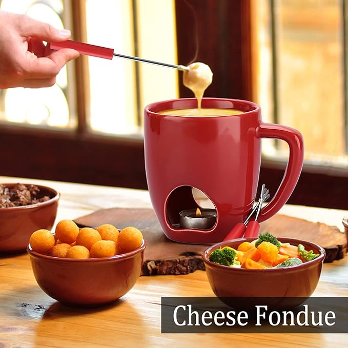 BSTKEY 230ML Personal Chocolate Fondue Mug Set, Ceramic Butter Warmer Set, Mini Melt Hot Pot Cup Set for Cheese Chocolate Butter Caramel, with 2 Forks (Red)