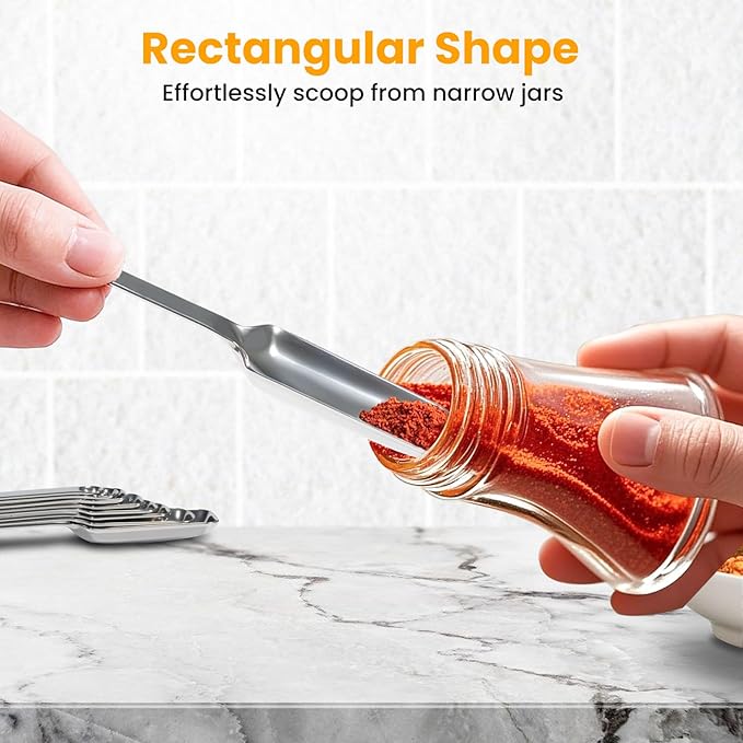 Stainless Steel Measuring Spoons Set of 6, Rectangular Metal Measuring Spoons for Dry & Liquid Ingredients, Slim Design Fits in Spice Jars, Kitchen Gadgets for Baking & Cooking