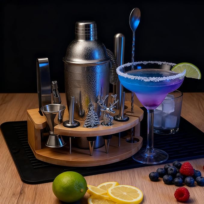 Silicone Pad Included Cocktail Shaker Set Bartender Kit,Mixology Bartender Kit 13-Piece with Bamboo Stand,Martini Shaker Kit with All Essential Accessory Tools for Drink Mixing Gift for him or her