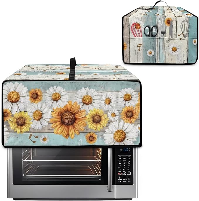 Wooden Board Daisy Print Toaster Oven Dust-proof Cover for Kitchen Small Appliance Fingerprint Protection Decorative Countertop Oven Protector (Small-14.5 * 18.46 * 9 inches)