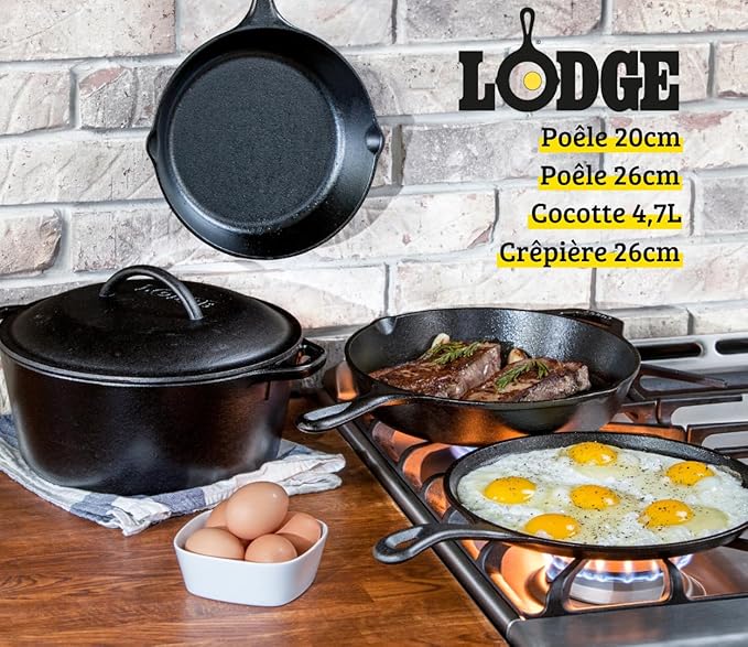 Lodge Cast Iron Set - Pre-Seasoned Kitchen Set - Skillets, Griddle & Dutch Oven Included - PFAS-Free Non-Toxic Cookware - 5-Piece Set