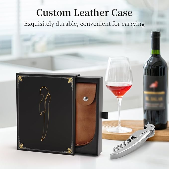 Sleek Waiter’s Corkscrew by ELMWAY - Stainless Steel Manual Wine Opener with Foil Cutter & Beer Bottle Opener, Durable Wine Key with Genuine Leather Case & Gift Box for Wine Lover