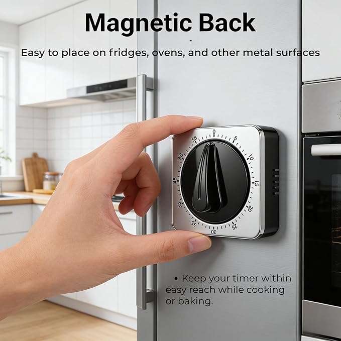 Searon Mechanical Kitchen Timer, Magnetic Manual Countdown Timer with Loud Ring, Stainless Steel, No Battery Needed, Easy to Use for Cooking and Baking