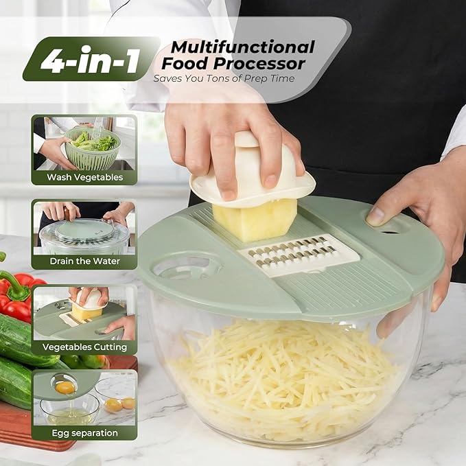 Salad Spinner Large with 5-Blade Slicer & Egg Yolk Strainer, Multifunctional Vegetable Fruit Washing Bowl 4.3 Qt for Efficient Kitchen Washing Drying & Shredding