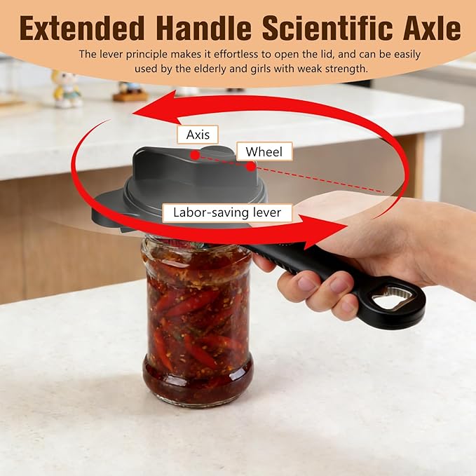 4 in 1 Multi-Purpose Jar Opener,Magnetic Stainless Steel Can Opener with Ergonomic Handle,Multi Size Lid Tool for Jars Cans Wine Bottles, Home Kitchen Helper(Black)