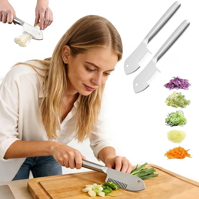 Stainless Steel Multi-Purpose Julienne Peeler, handheld peeler shredder, quick vegetable slicer for kitchen. Comfortable handle and hanging holes, suitable for fruits, vegetables, and herbs. (2)