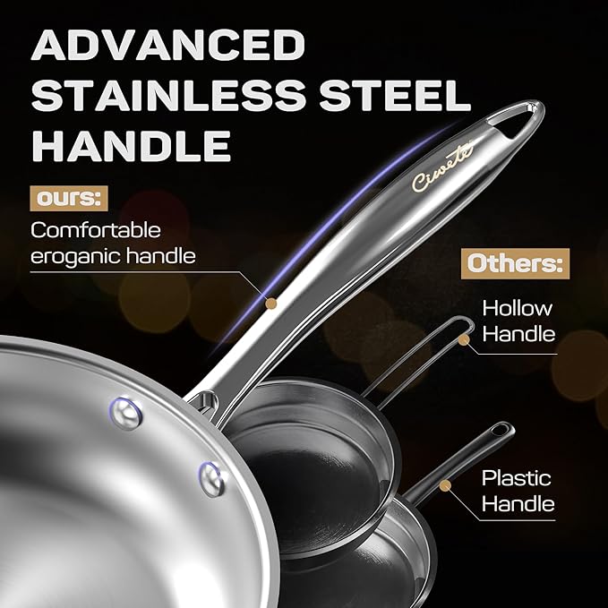 Ciwete 11-Piece Tri-Ply Stainless Steel Pots and Pans Set, 18/10 Stainless Steel Cookware Set with Steamer Insert, Induction Kitchen Cookware Sets with Cool Ergonomic Handles, Dishwasher, Oven Safe