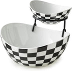 Miamolo Tiered Serving Bowls Chip and Dip Serving Set with Stand, Ceramic Appetizer Serving Dishes Platters and Trays for Parties Entertaining - Checkered Kitchen Decor