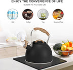 Tea Kettle, Vegoran 100 OZ / 3 Liter Whistling Tea Kettle, Tea Pots for Stove Top Food Grade Stainless Steel with Wood Pattern Folding Handle, Loud Whistle Kettle for Tea, Coffee, Milk (Black)