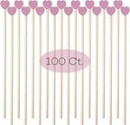 100 Pcs 6 Inch Pink Heart Shaped Valentine's Day Wooden Swizzle Sticks, Cocktail & Coffee Drink Stirrers, Rock Candy Sticks, Cake Pop Sticks, Lollipop Sticks for Anniversary, Wedding Party