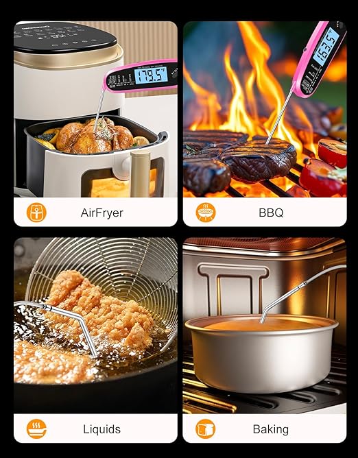 Instant Read Meat Thermometer Digital with Dual Probe & Large Backlit, Food Thermometer for Cooking & Grilling, for Candy/Baking/Oven/BBQ/Grill/Smoker, Pink Kitchen Accessories, Gifts for Women