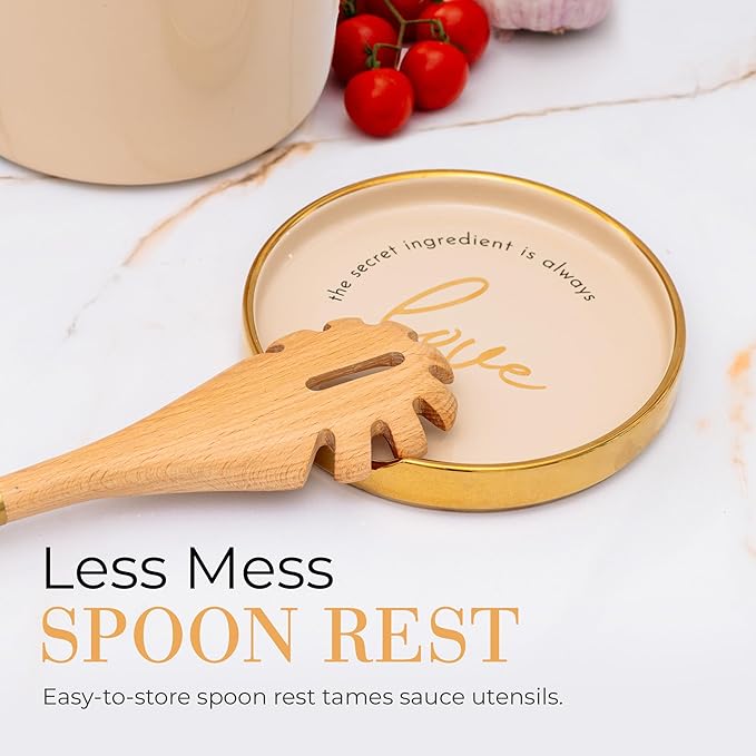 STYLED SETTINGS Beige Utensil holder - Large Ceramic Utensil Crock for Kitchen Counter – Stylish Cooking Utensil Storage & Gold Spoon Rest – Kitchen Organization & Farmhouse Décor