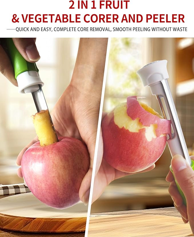 2 in 1 Apple Corer and Peeler Tool, Fruit Vegetable Corer and Peeler Tool Stainless Steel Apple Peeler Apple Corer Remover Tool Multifunction Corer Tool for Vegetable Fruit Kitchen Gadget (Red)