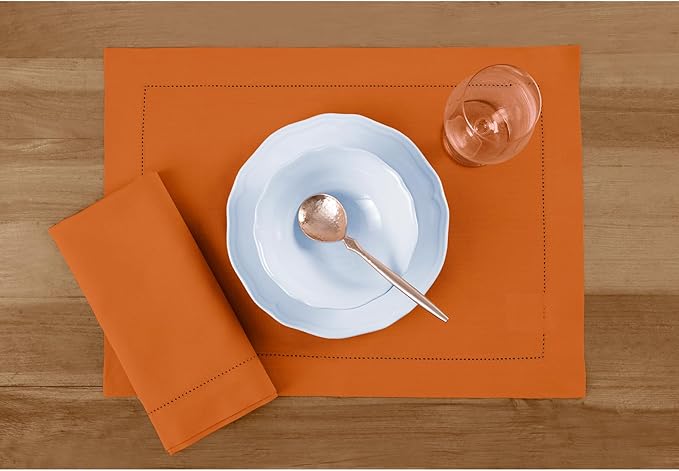 Solino Home Cloth Napkins Set of 4 - Cotton Linen Hemstitch Pumpkin Dinner Napkins 20 x 20 Inch for Holiday - Handcrafted and Machine Washable