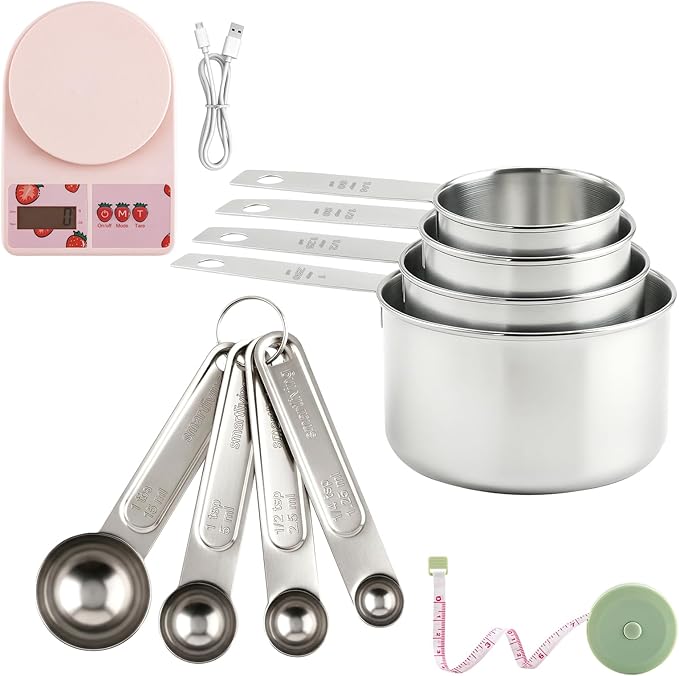 Measuring Tools and Scales, 8 PCS Measuring Cups and Spoons Set, Kitchen Food Scale with Tare Function, Digital Grams and Ounces, Retractable Dual Sided Tape Measure, Ideal for Baking and Cooking