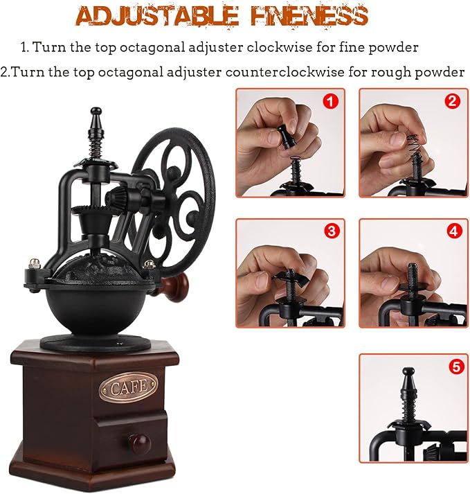 Coffee Grinder,Wooden Coffee Bean Grinder Manual Coffee Grinder Roller, Antique Coffee Mill with Cast Iron Hand Crank for Making Mesh Coffee, Decoration, Best Gift (Brown (six deformation base))