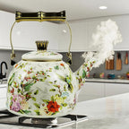 Vintage Enamel Tea Kettle, Birds Floral Pattern Stovetop Teapot with Gold Handle, 2.5L Enamel Kettle Kitchen Decor, Ideal Gift for Housewarming Camping Coffee Pot