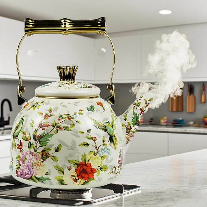 Vintage Enamel Tea Kettle, Birds Floral Pattern Stovetop Teapot with Gold Handle, 2.5L Enamel Kettle Kitchen Decor, Ideal Gift for Housewarming Camping Coffee Pot
