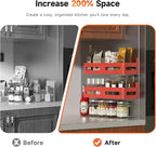 Sevenblue 4 Pack Strong Magnetic Spice Rack for Refrigerator, Multipurpose Magnetic Shelf for Fridge with 4 Hooks for kitchen and Bathroom Organization, Red
