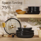 CAROTE 15Pcs Ceramic Cookware Set, Pots and Pans Set Non stick, Kitchen Cooking Set with Detachable Handle, Non Toxic Induction Cookware, Dishwasher/Oven Safe, PFAS Free, Black&Gold